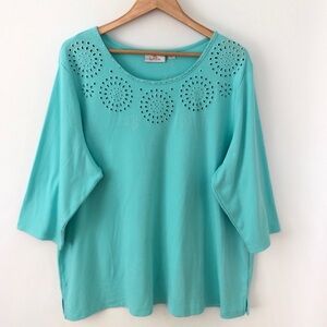Quacker Factory Plus Turquoise Embroidered Neck 3/4 Sleeve Blouse Top Size 3X
